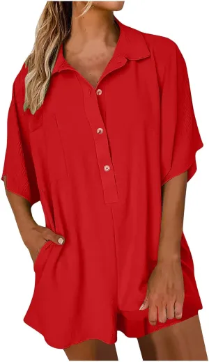 Xiaojmake One Piece Outfits for Women Summer Casual Short Sleeve Button Up Shirt Romper Overalls Shorts Jumpsuit with Pockets