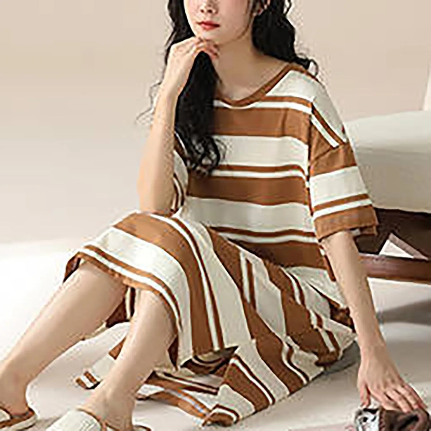 Xiaojmake Women's T Shirt Dresses Summer Casual Short Sleeve Cotton Nightgown Crew Neck Loose Striped Colorblock Basic Dress