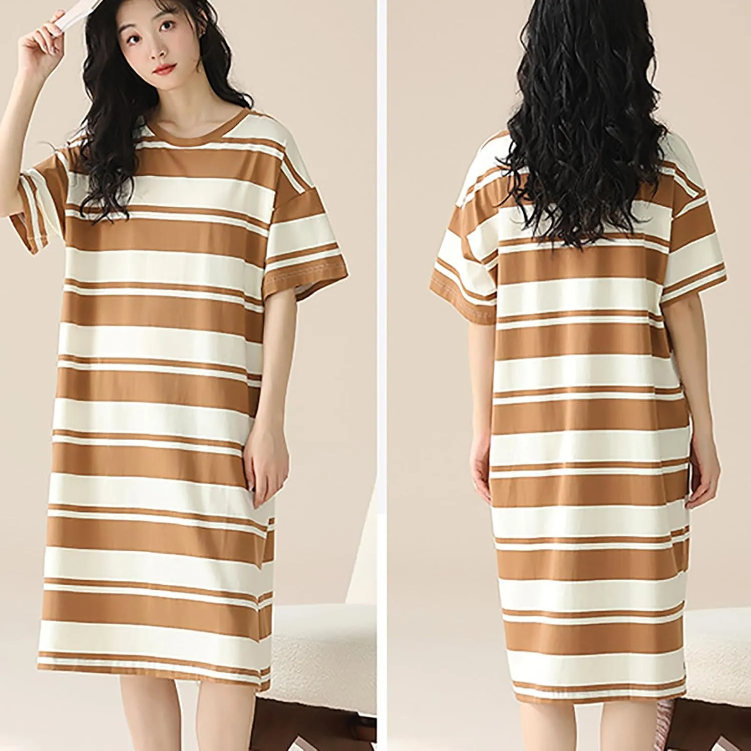 Xiaojmake Women's T Shirt Dresses Summer Casual Short Sleeve Cotton Nightgown Crew Neck Loose Striped Colorblock Basic Dress