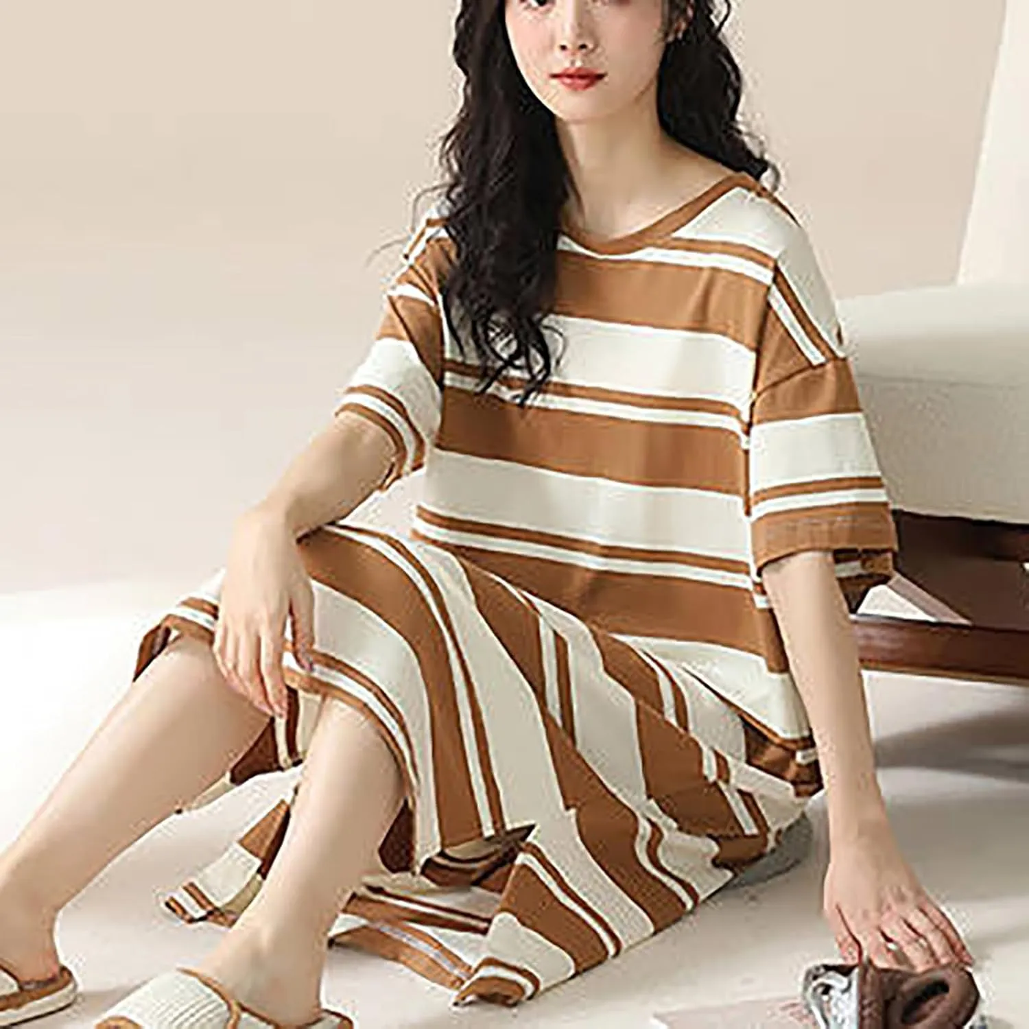 Xiaojmake Women's T Shirt Dresses Summer Casual Short Sleeve Cotton Nightgown Crew Neck Loose Striped Colorblock Basic Dress