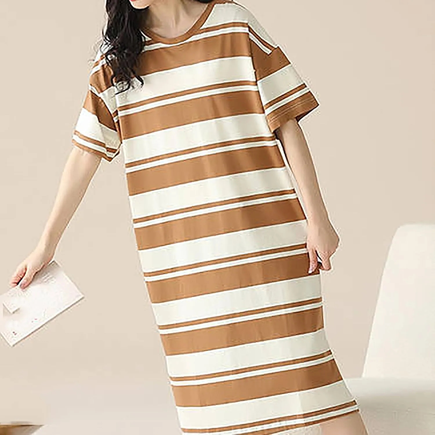 Xiaojmake Women's T Shirt Dresses Summer Casual Short Sleeve Cotton Nightgown Crew Neck Loose Striped Colorblock Basic Dress
