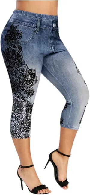 XUNRYAN Capri Leggings for Women Stretchy High Waisted Faux Jeans Shorts Plus Size Elastic Waist Casual Yoga Leggings Pants