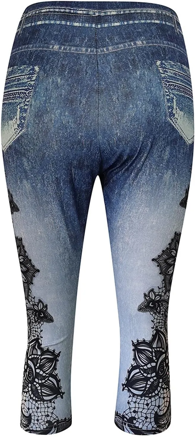 XUNRYAN Capri Leggings for Women Stretchy High Waisted Faux Jeans Shorts Plus Size Elastic Waist Casual Yoga Leggings Pants