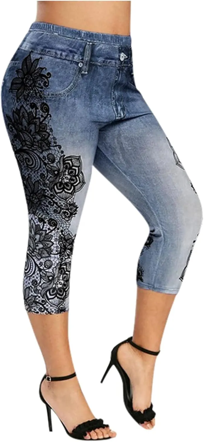 XUNRYAN Capri Leggings for Women Stretchy High Waisted Faux Jeans Shorts Plus Size Elastic Waist Casual Yoga Leggings Pants