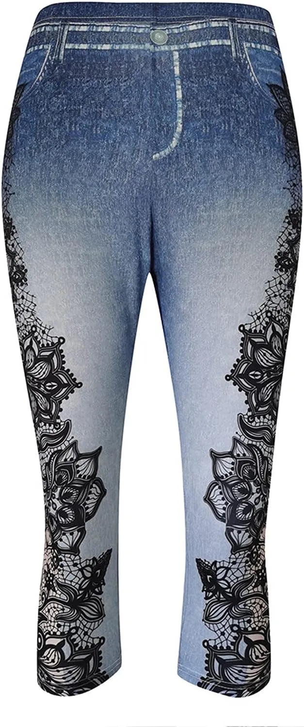 XUNRYAN Capri Leggings for Women Stretchy High Waisted Faux Jeans Shorts Plus Size Elastic Waist Casual Yoga Leggings Pants