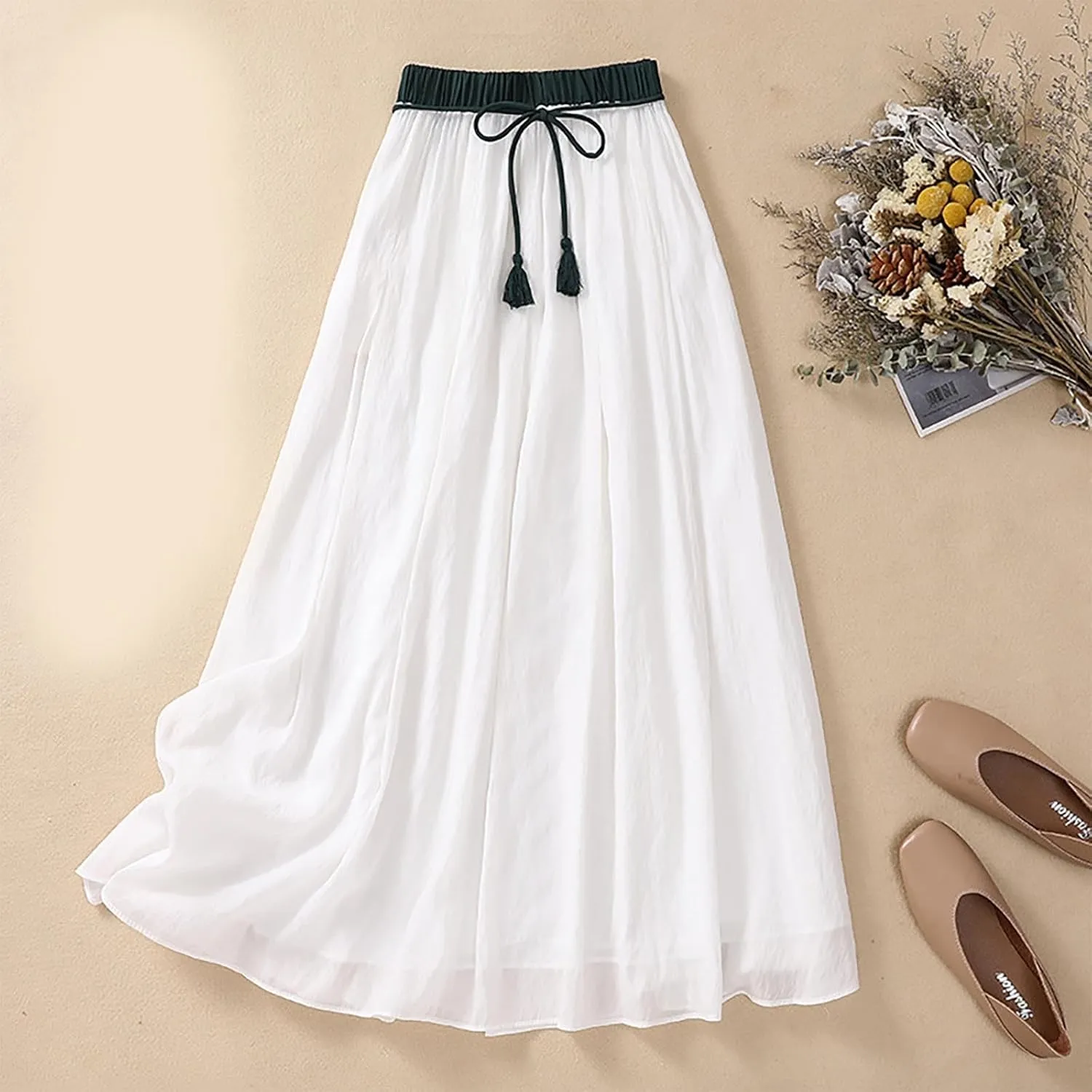XUNRYAN Women's Cotton Linen Skirts Elastic High Waist Long Flowy Bohemian Casual Maxi Skirt for Summer Beach Holiday Outfit