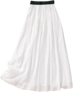 XUNRYAN Women's Cotton Linen Skirts Elastic High Waist Long Flowy Bohemian Casual Maxi Skirt for Summer Beach Holiday Outfit