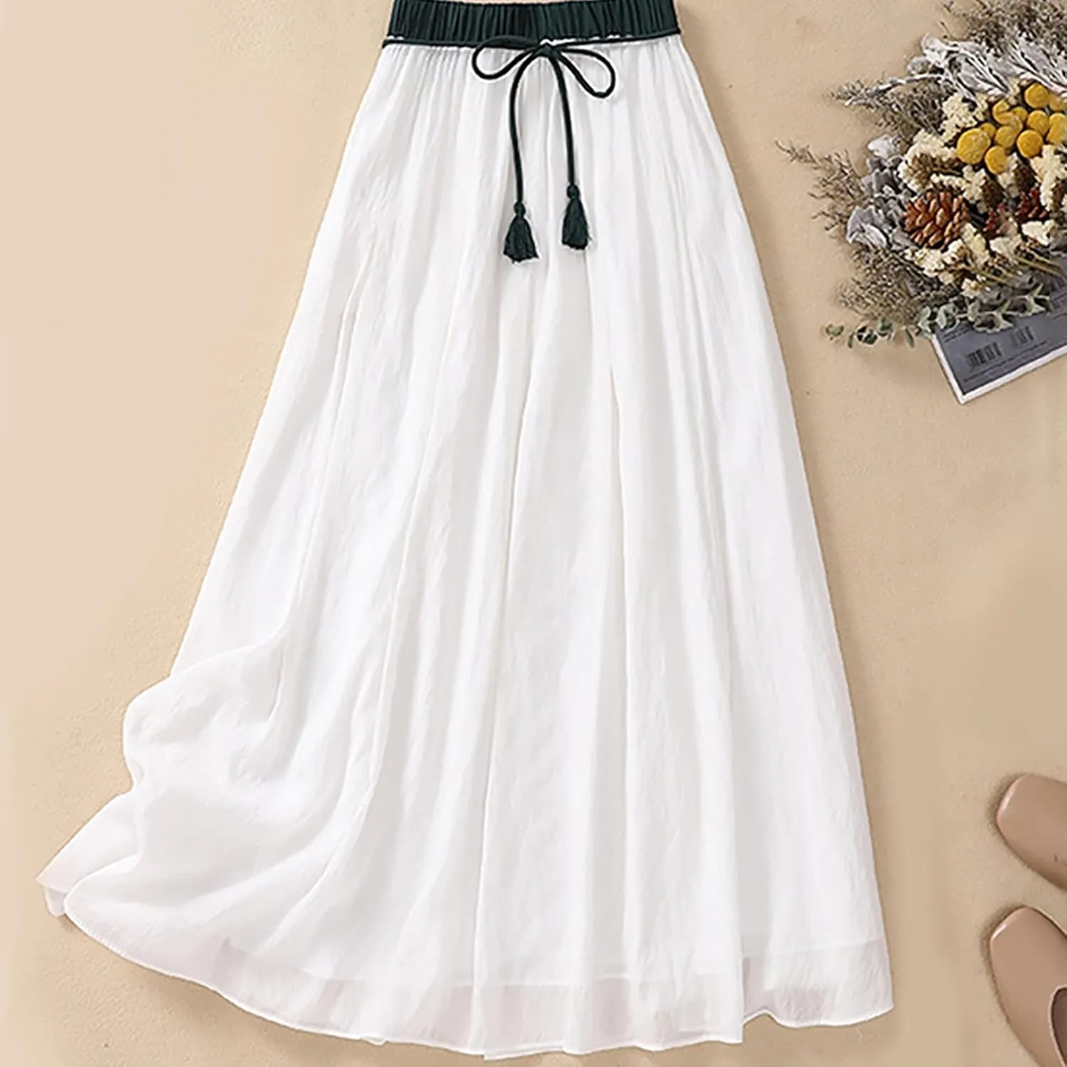 XUNRYAN Women's Cotton Linen Skirts Elastic High Waist Long Flowy Bohemian Casual Maxi Skirt for Summer Beach Holiday Outfit