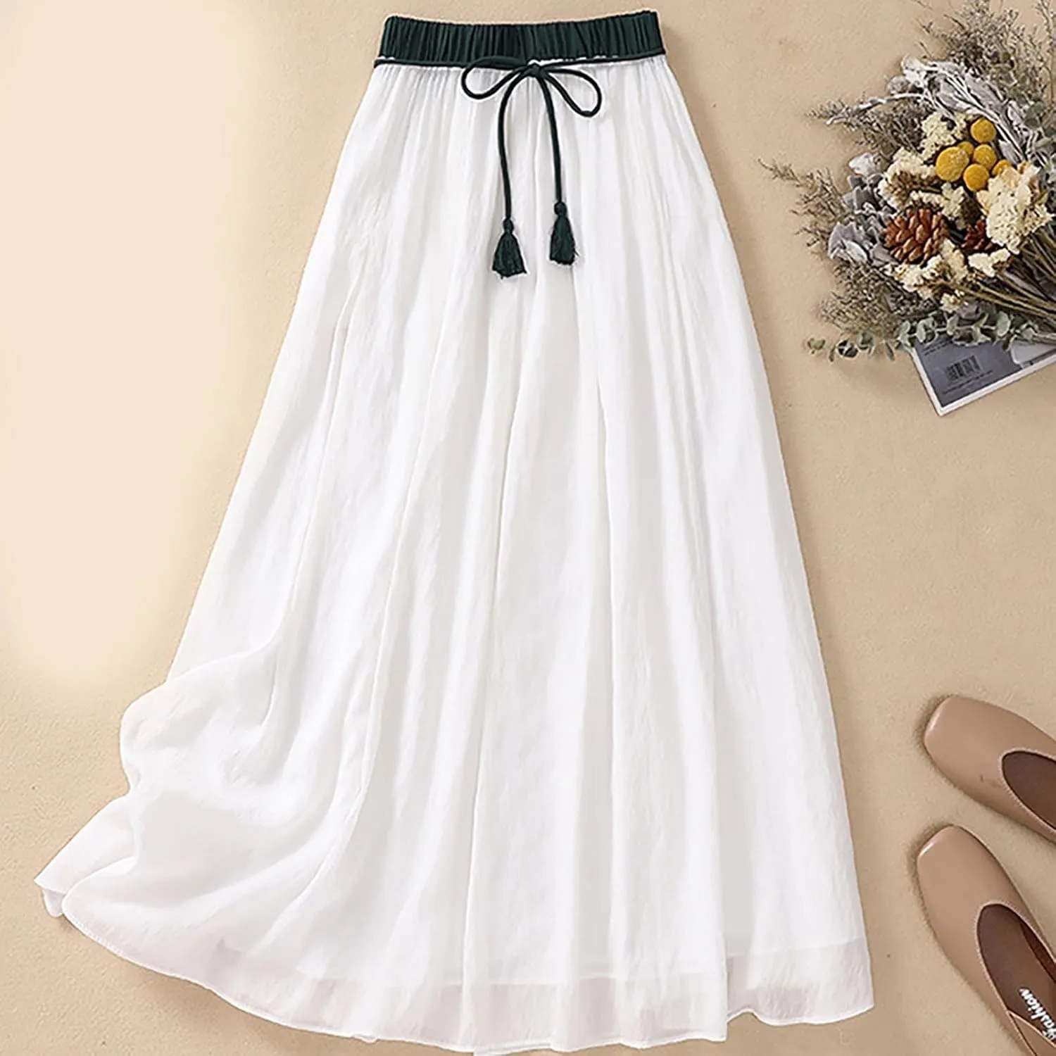 XUNRYAN Women's Cotton Linen Skirts Elastic High Waist Long Flowy Bohemian Casual Maxi Skirt for Summer Beach Holiday Outfit