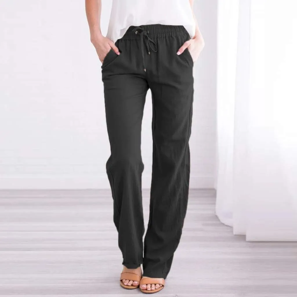 YRAETENM Linen Pants Women Summer Casual Comfy Cotton Linen Pants Drawstring Elastic Loose Fit Wide Leg Trousers with Pockets