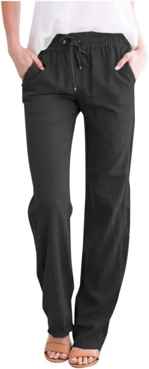 YRAETENM Linen Pants Women Summer Casual Comfy Cotton Linen Pants Drawstring Elastic Loose Fit Wide Leg Trousers with Pockets