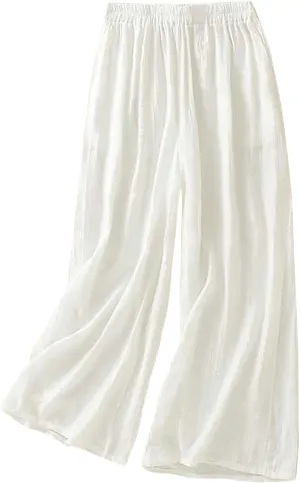 YRAETENM Wide Leg Pants for Women Baggy Elastic Waist Cotton Linen Pants Plus Size Palazzo Lounge Trousers with Pockets