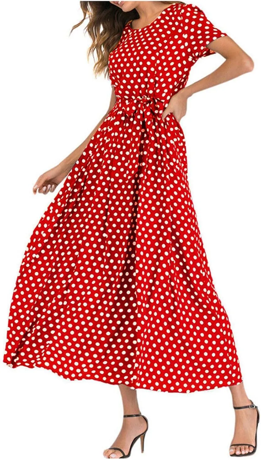 ZDRZK Dresses for Women 2024 Casual Twist Tie Front Ruched Maxi Dresses Round Neck Short Sleeve Polka Dots Flowy Dress