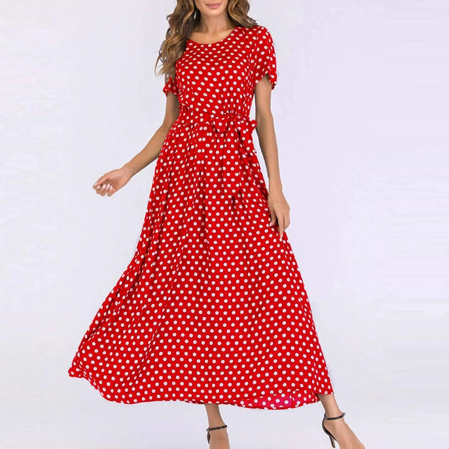 ZDRZK Dresses for Women 2024 Casual Twist Tie Front Ruched Maxi Dresses Round Neck Short Sleeve Polka Dots Flowy Dress