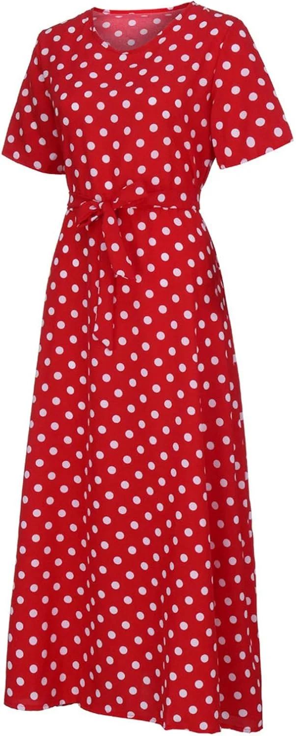 ZDRZK Dresses for Women 2024 Casual Twist Tie Front Ruched Maxi Dresses Round Neck Short Sleeve Polka Dots Flowy Dress