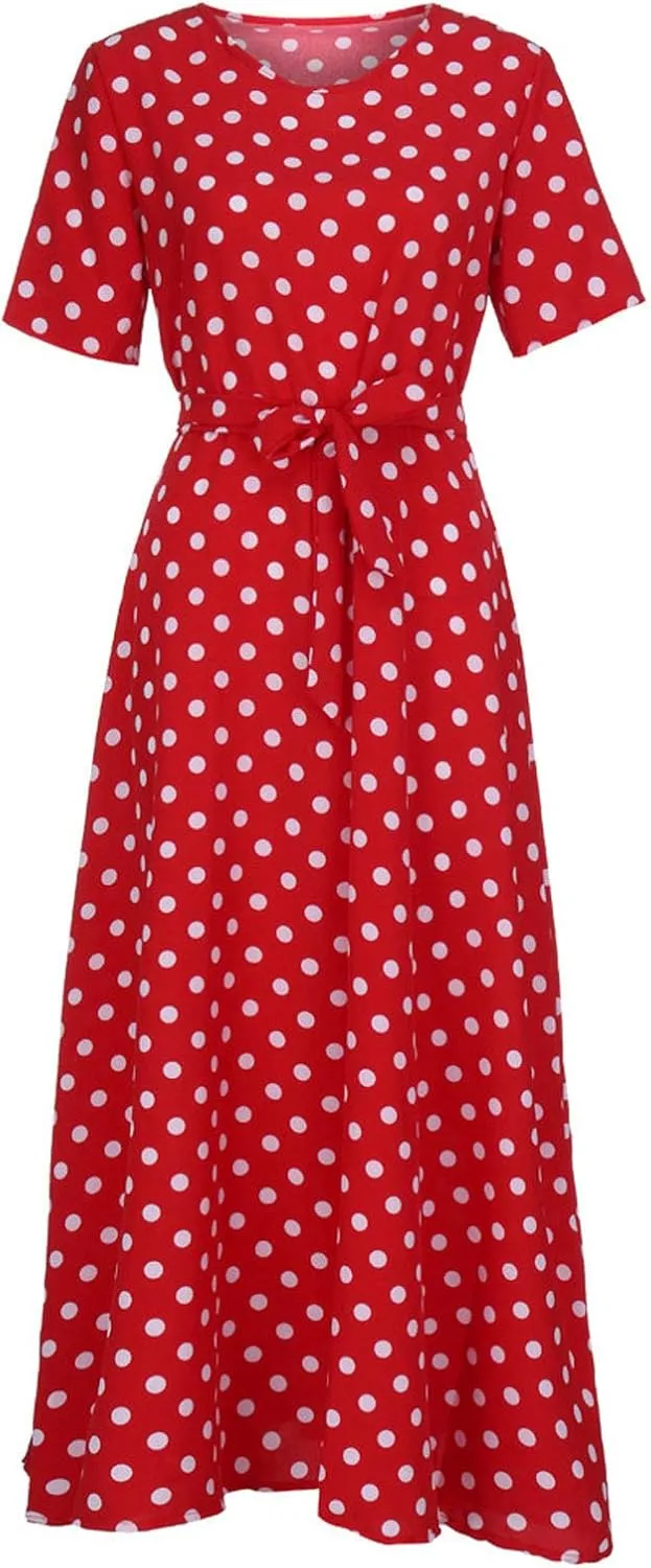 ZDRZK Dresses for Women 2024 Casual Twist Tie Front Ruched Maxi Dresses Round Neck Short Sleeve Polka Dots Flowy Dress