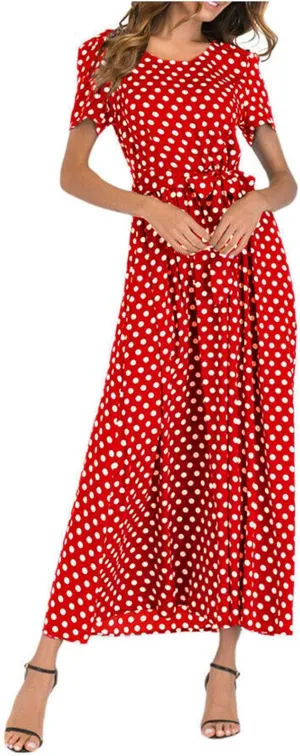 ZDRZK Dresses for Women 2024 Casual Twist Tie Front Ruched Maxi Dresses Round Neck Short Sleeve Polka Dots Flowy Dress
