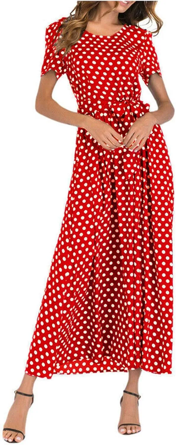 ZDRZK Dresses for Women 2024 Casual Twist Tie Front Ruched Maxi Dresses Round Neck Short Sleeve Polka Dots Flowy Dress