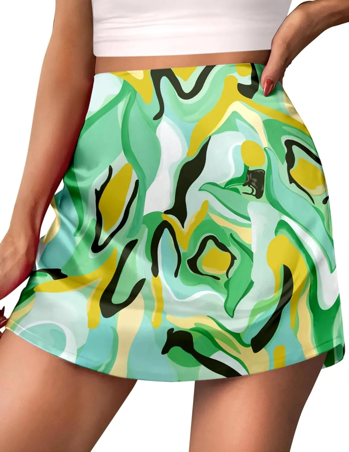 Zeagoo Womens Summer Mini Skirts Elastic High Waisted Stain A-Line Zipper Party Skirt 2025
