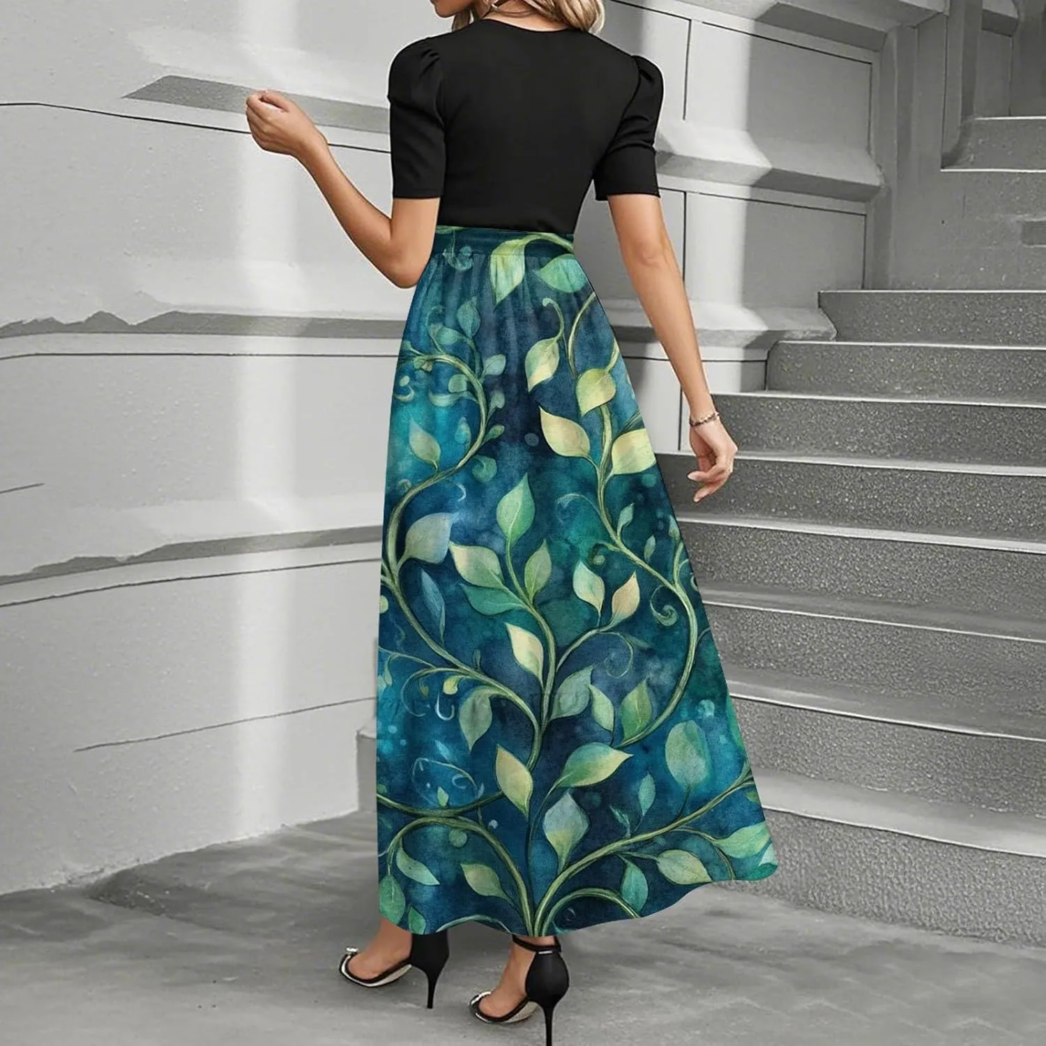 ZEFOTIM Long Dresses for Women 2025 Beach Floral Dress Short Sleeve Crew Neck Dresses with Belt