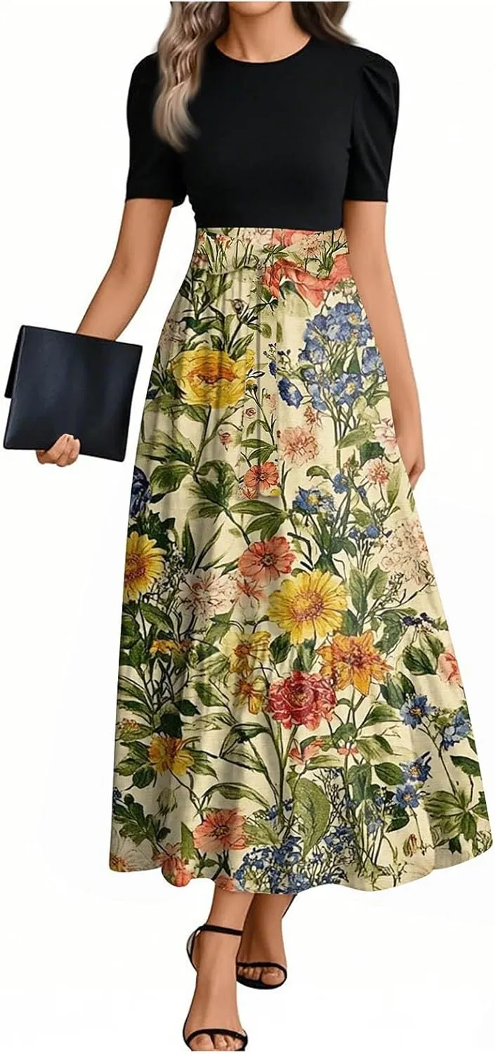ZEFOTIM Long Dresses for Women 2025 Beach Floral Dress Short Sleeve Crew Neck Dresses with Belt