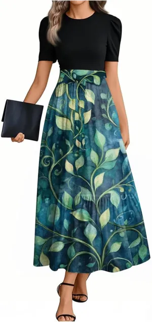 ZEFOTIM Long Dresses for Women 2025 Beach Floral Dress Short Sleeve Crew Neck Dresses with Belt