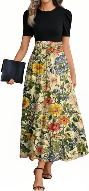 ZEFOTIM Long Dresses for Women 2025 Beach Floral Dress Short Sleeve Crew Neck Dresses with Belt