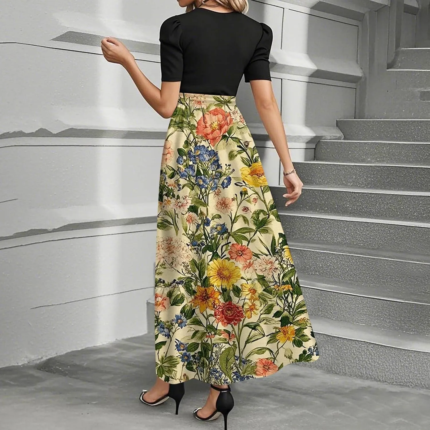ZEFOTIM Long Dresses for Women 2025 Beach Floral Dress Short Sleeve Crew Neck Dresses with Belt