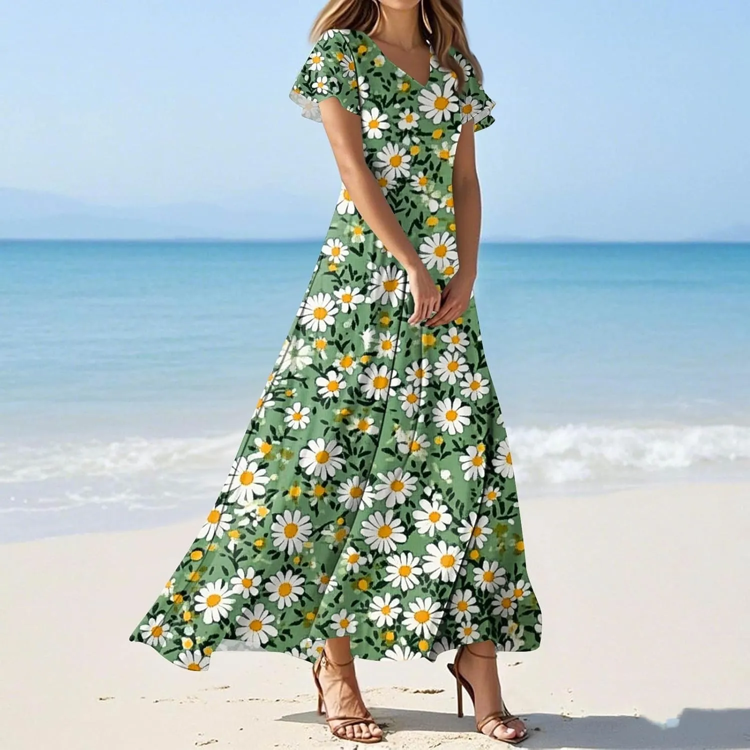 ZEFOTIM Long Dresses for Women 2025 Cocktail Floral Dress Short Sleeve V Neck Dresses
