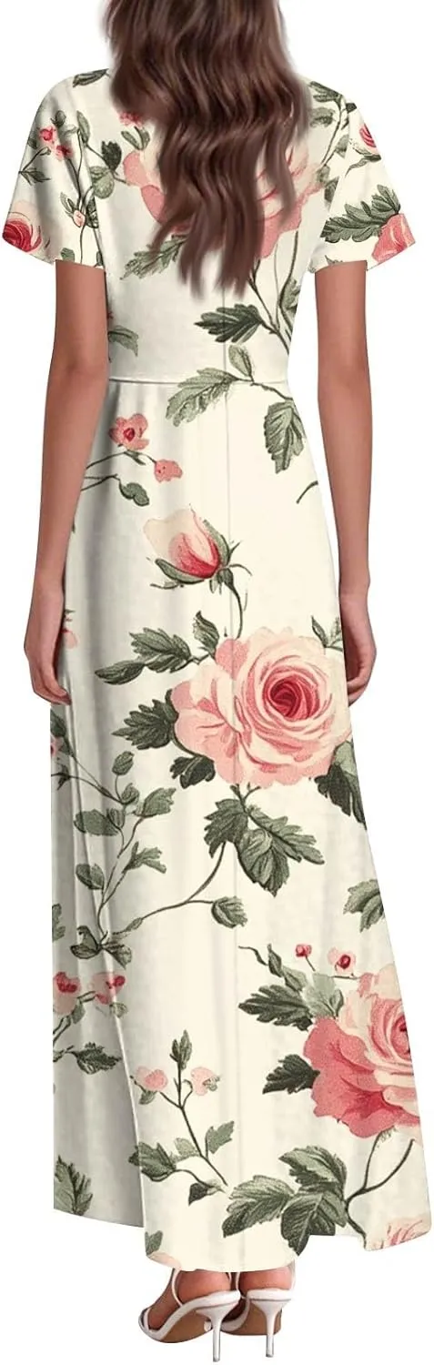 ZEFOTIM Long Dresses for Women 2025 Cocktail Floral Dress Short Sleeve V Neck Dresses