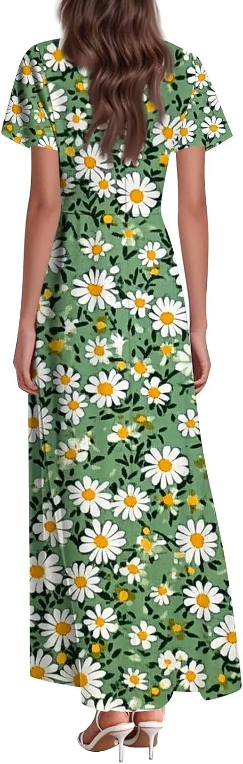 ZEFOTIM Long Dresses for Women 2025 Cocktail Floral Dress Short Sleeve V Neck Dresses