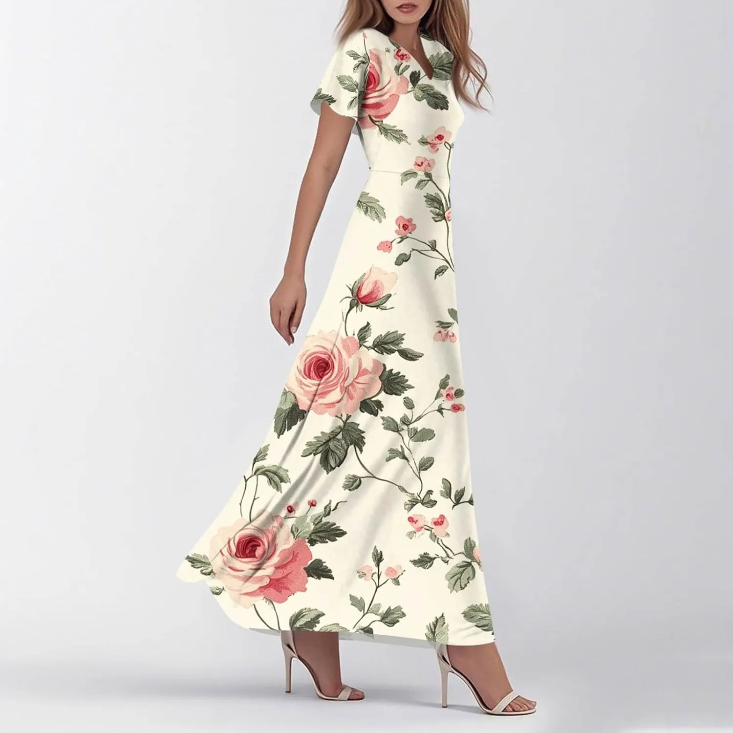 ZEFOTIM Long Dresses for Women 2025 Cocktail Floral Dress Short Sleeve V Neck Dresses