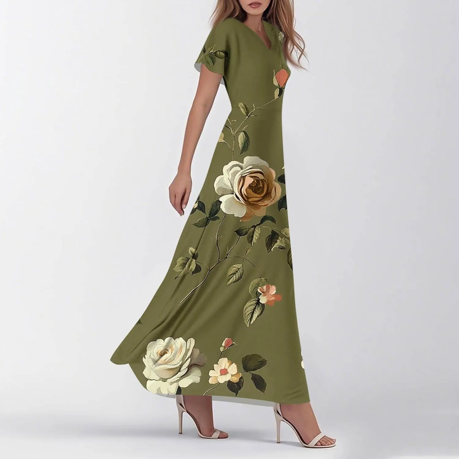 ZEFOTIM Long Dresses for Women 2025 Cocktail Floral Dress Short Sleeve V Neck Dresses