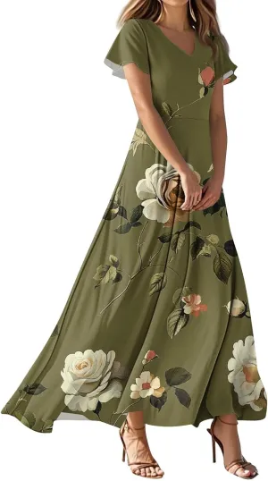 ZEFOTIM Long Dresses for Women 2025 Cocktail Floral Dress Short Sleeve V Neck Dresses