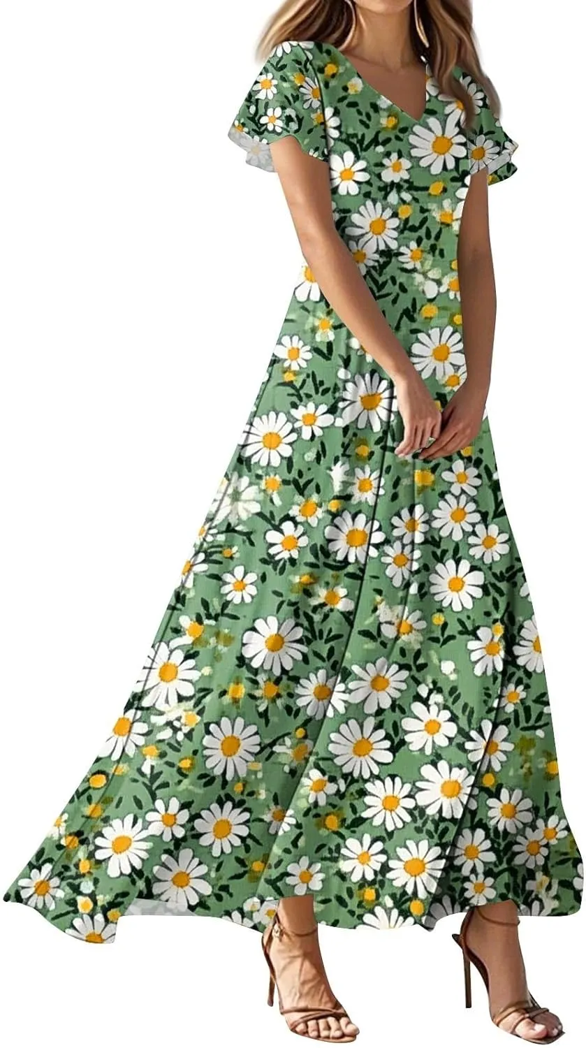 ZEFOTIM Long Dresses for Women 2025 Cocktail Floral Dress Short Sleeve V Neck Dresses
