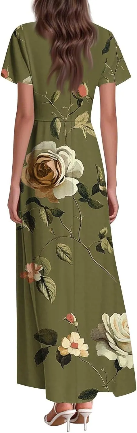 ZEFOTIM Long Dresses for Women 2025 Cocktail Floral Dress Short Sleeve V Neck Dresses