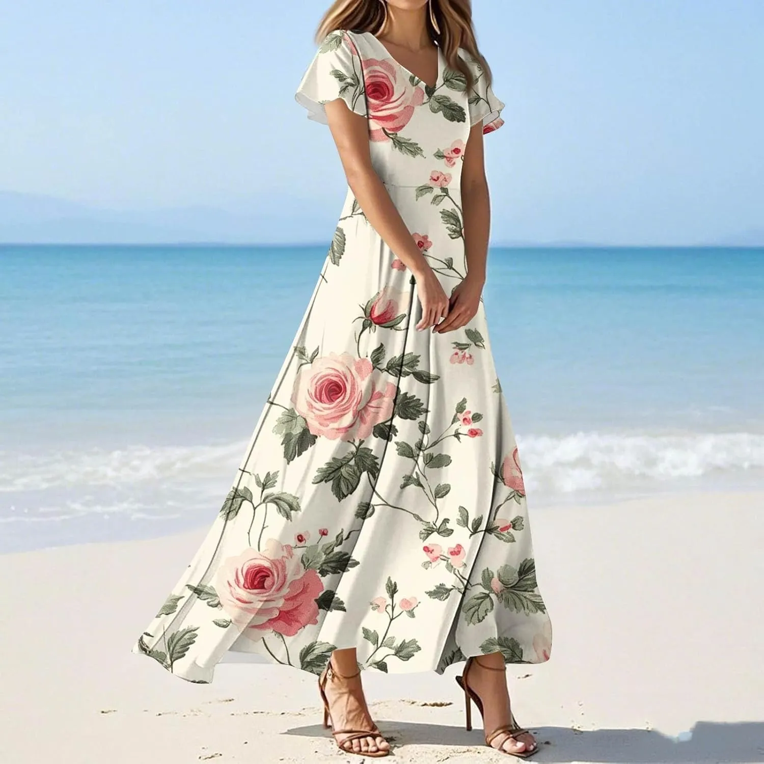 ZEFOTIM Long Dresses for Women 2025 Cocktail Floral Dress Short Sleeve V Neck Dresses