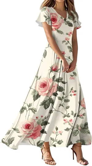 ZEFOTIM Long Dresses for Women 2025 Cocktail Floral Dress Short Sleeve V Neck Dresses