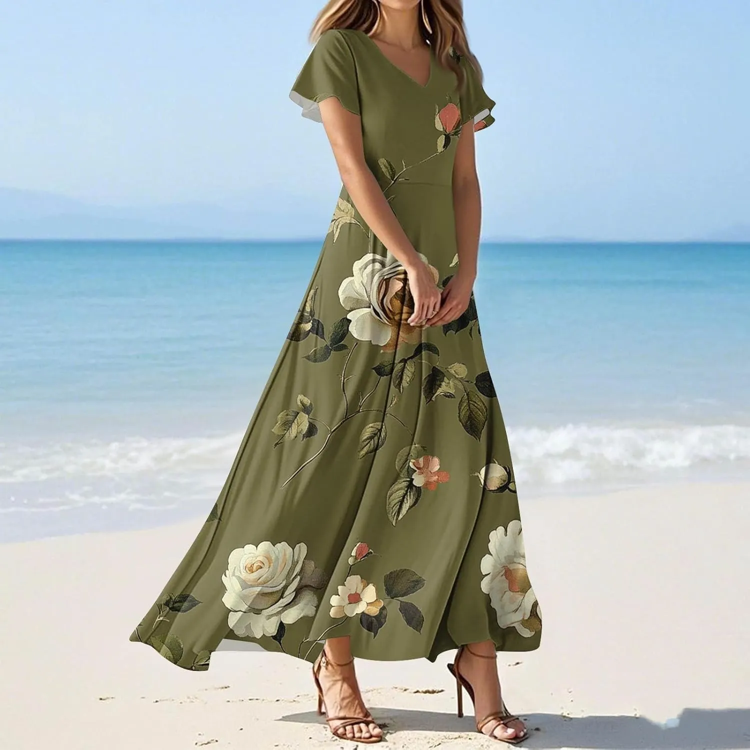 ZEFOTIM Long Dresses for Women 2025 Cocktail Floral Dress Short Sleeve V Neck Dresses