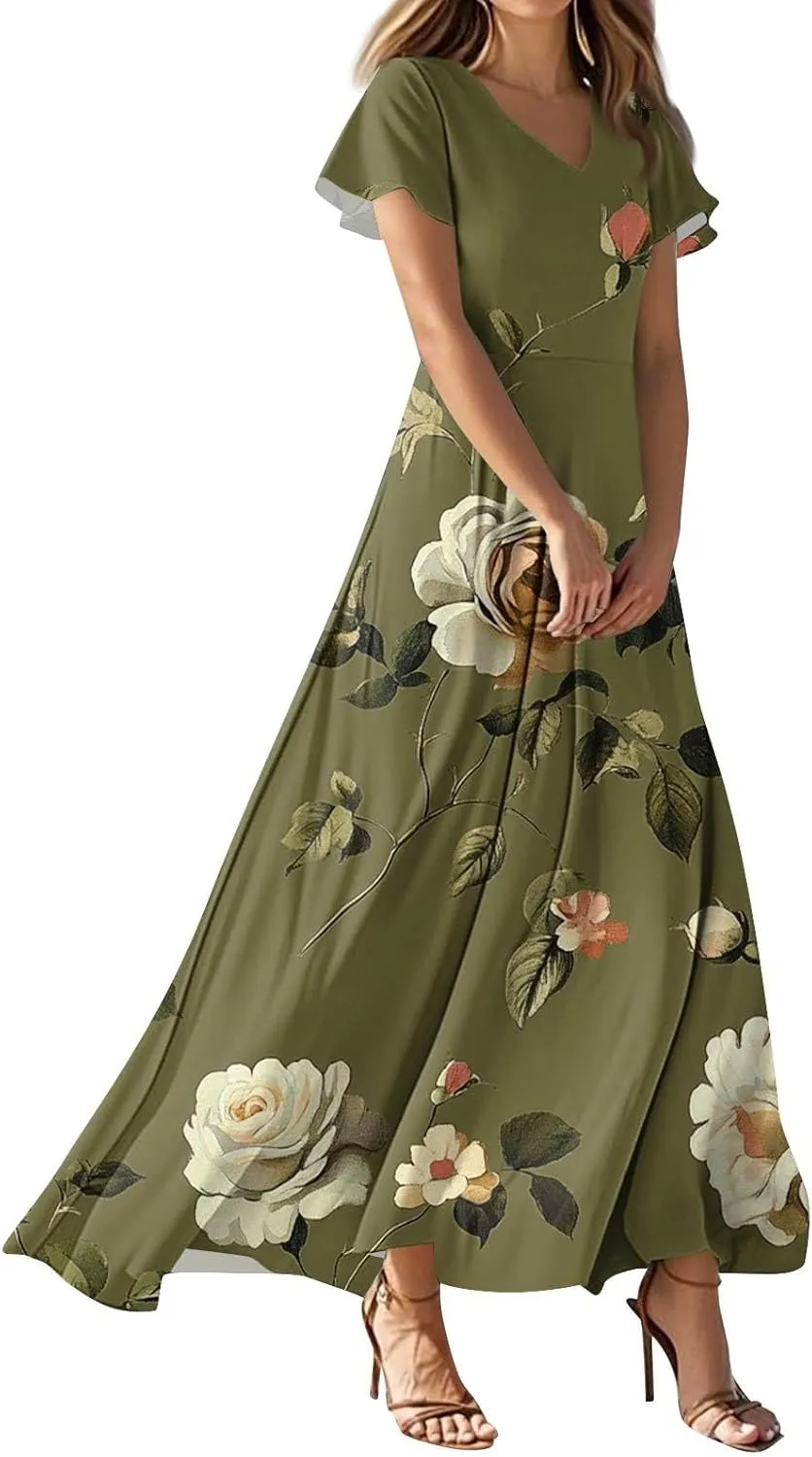 ZEFOTIM Long Dresses for Women 2025 Cocktail Floral Dress Short Sleeve V Neck Dresses