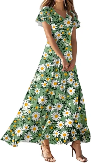 ZEFOTIM Long Dresses for Women 2025 Cocktail Floral Dress Short Sleeve V Neck Dresses
