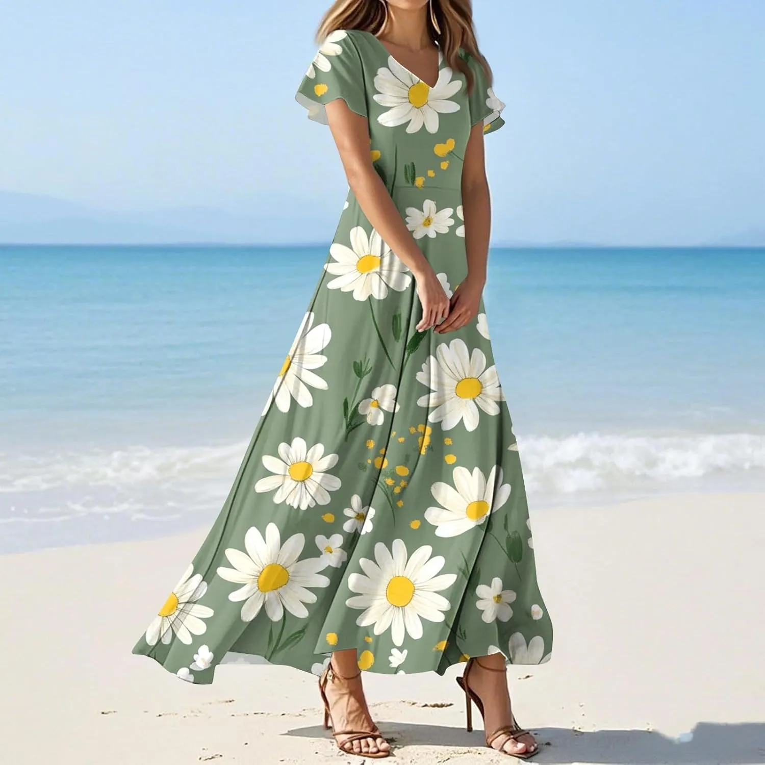 ZEFOTIM Long Dresses for Women 2025 Curvy Floral Dress Short Sleeve V Neck Dresses