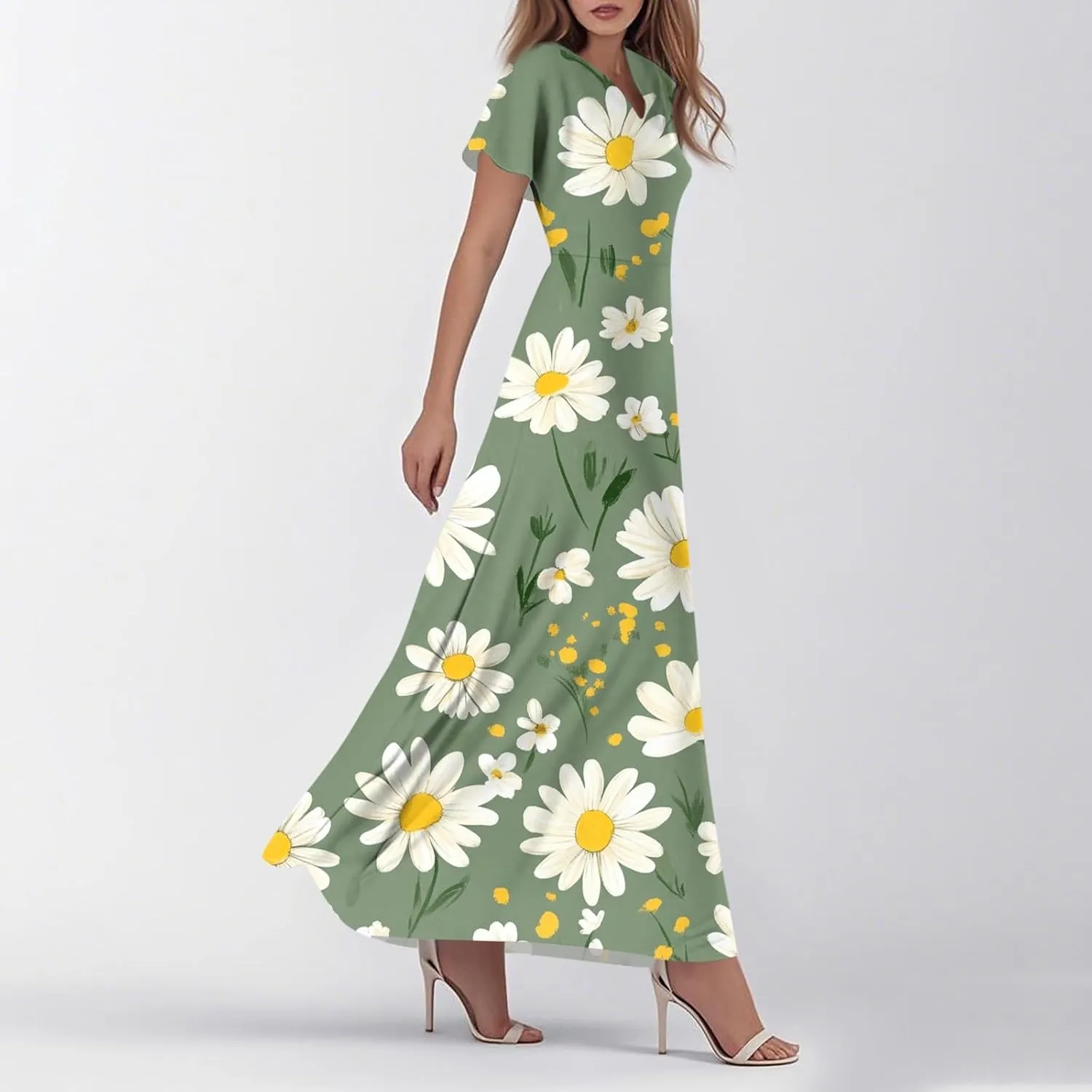 ZEFOTIM Long Dresses for Women 2025 Curvy Floral Dress Short Sleeve V Neck Dresses