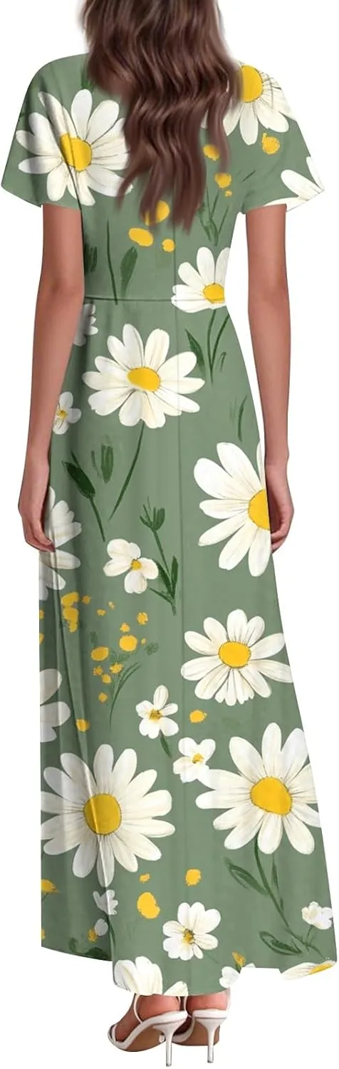 ZEFOTIM Long Dresses for Women 2025 Curvy Floral Dress Short Sleeve V Neck Dresses