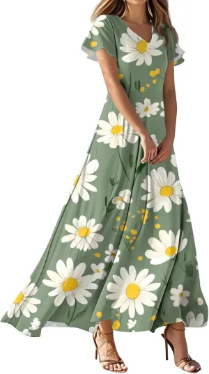 ZEFOTIM Long Dresses for Women 2025 Curvy Floral Dress Short Sleeve V Neck Dresses