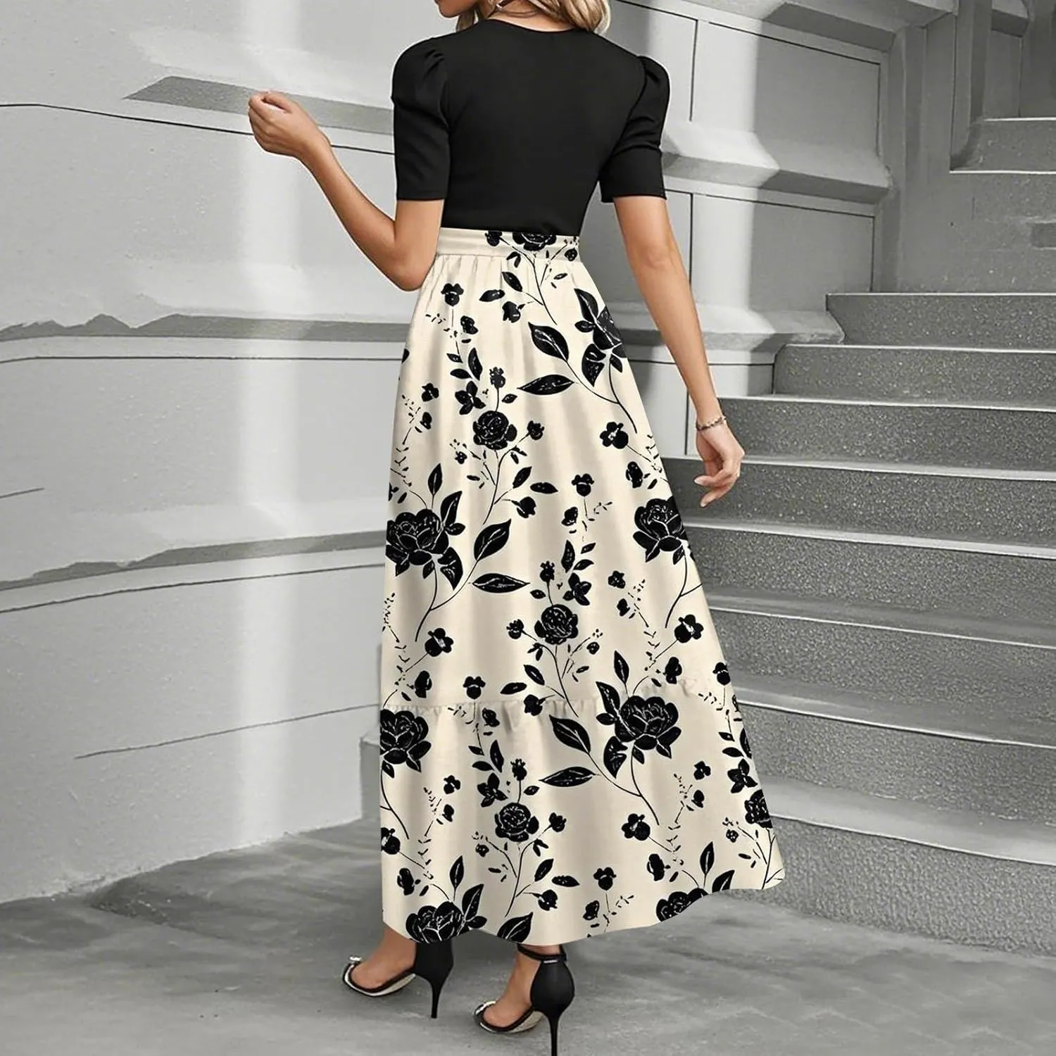 ZEFOTIM Long Dresses for Women 2025 Elegant Floral Dress Short Sleeve Crew Neck Dresses with Belt