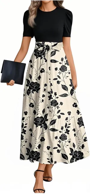 ZEFOTIM Long Dresses for Women 2025 Elegant Floral Dress Short Sleeve Crew Neck Dresses with Belt