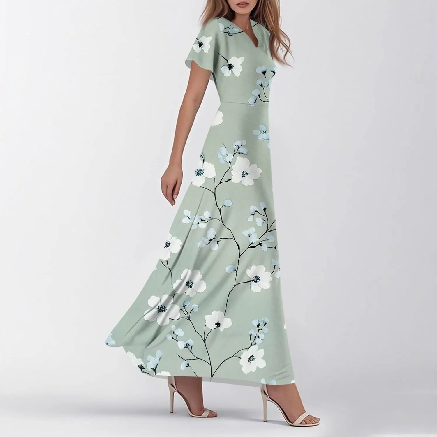 ZEFOTIM Long Dresses for Women 2025 Holiday Floral Dress Short Sleeve V Neck Dresses