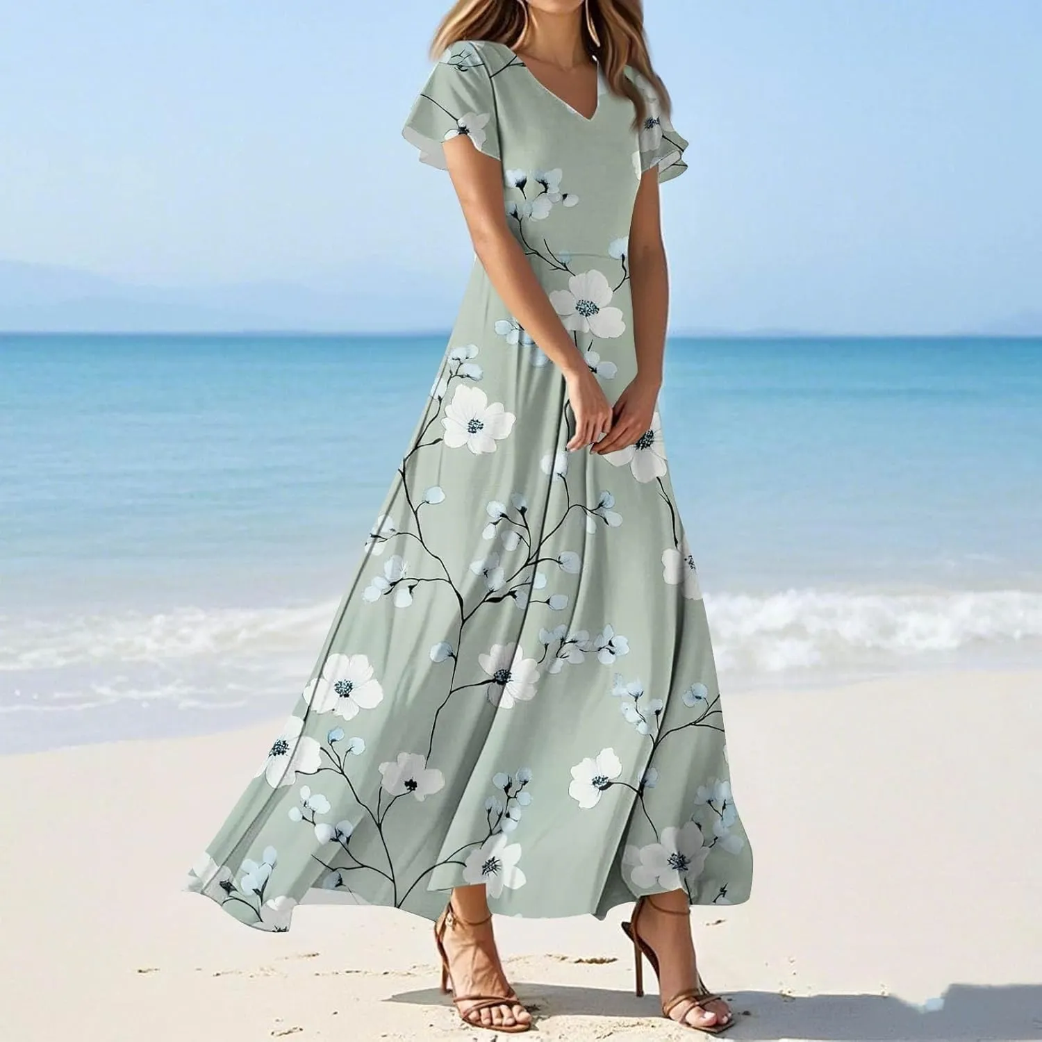 ZEFOTIM Long Dresses for Women 2025 Holiday Floral Dress Short Sleeve V Neck Dresses