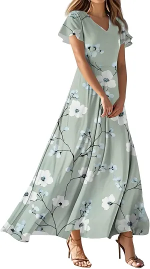 ZEFOTIM Long Dresses for Women 2025 Holiday Floral Dress Short Sleeve V Neck Dresses